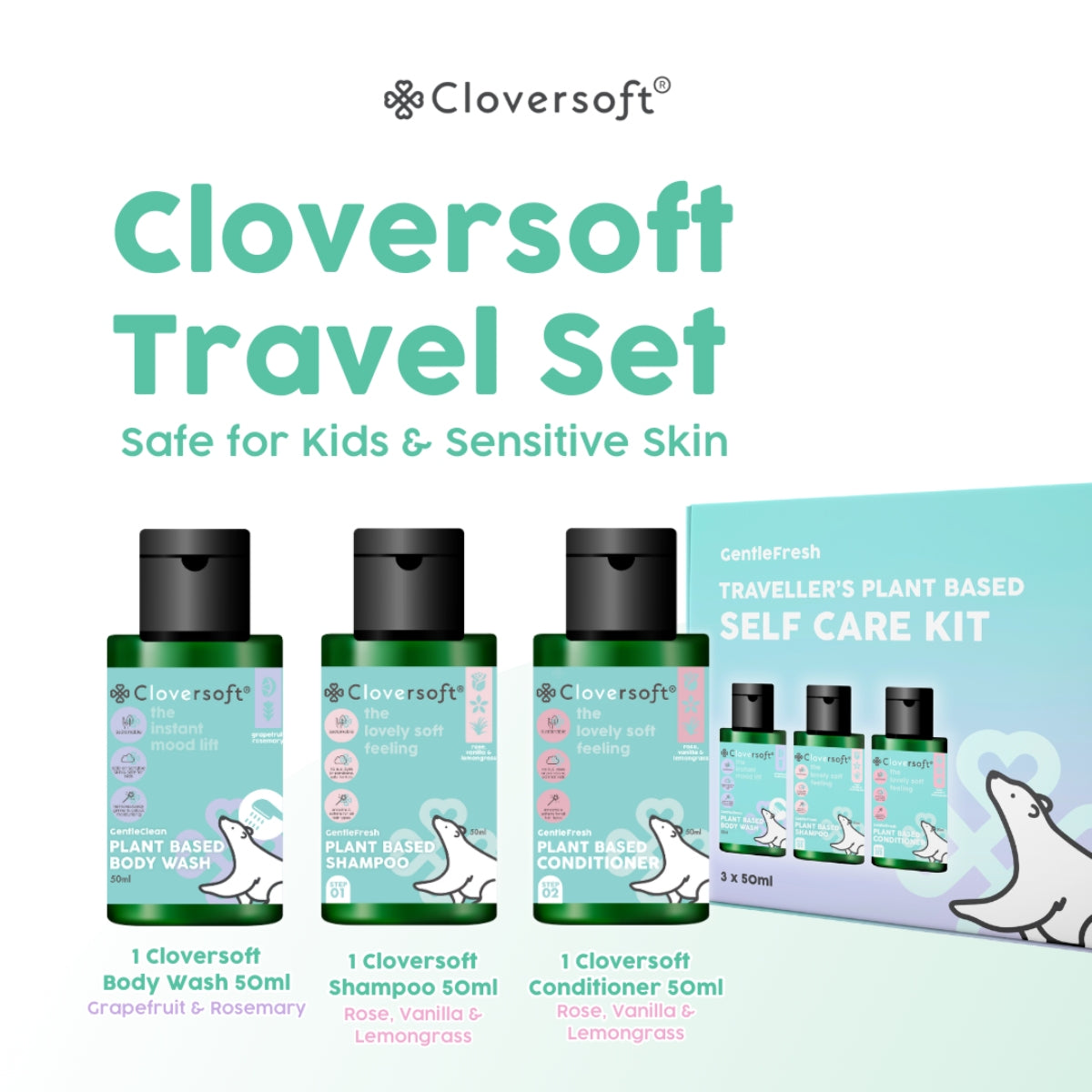 Cloversoft Plant-Based Self-Care Kit Travel Set (Body Wash + Shampoo + Conditioner) 3 x 50ml (Exp 08/27)