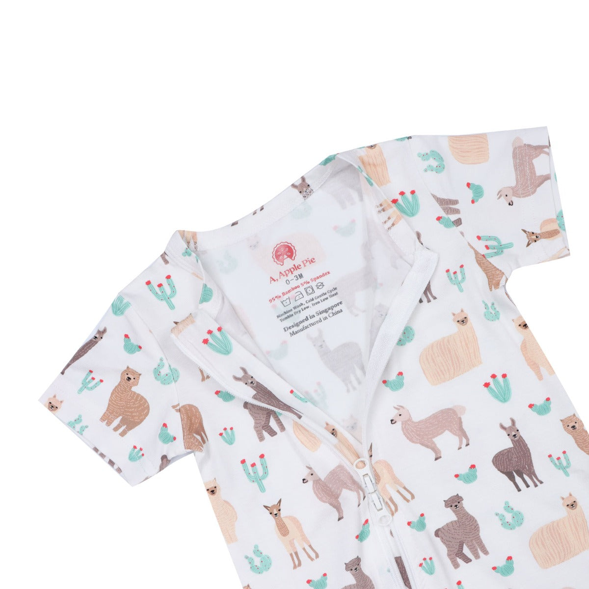 A, Apple Pie Bamboo Baby Zip Short Sleeve Romper - Llamas & Cacti (5 Sizes)
