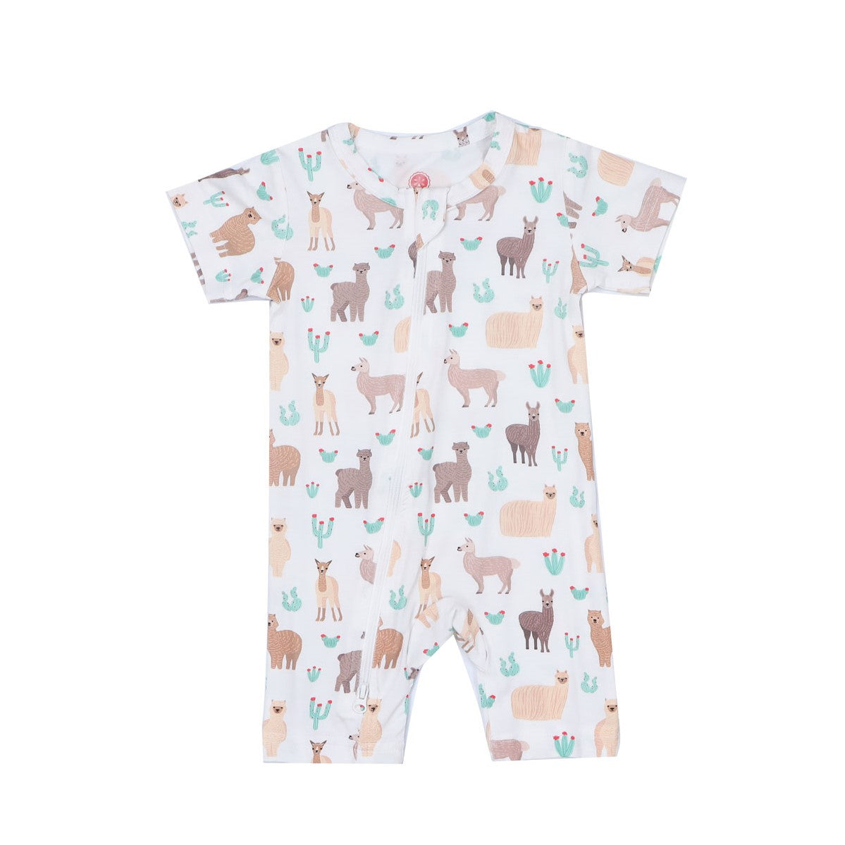 A, Apple Pie Bamboo Baby Zip Short Sleeve Romper - Llamas & Cacti (5 Sizes)