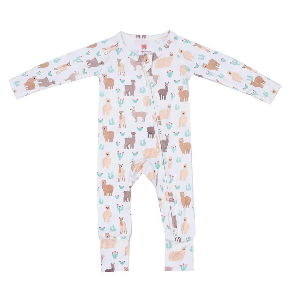 A, Apple Pie Bamboo Baby Zip Long Sleeve Romper - Llamas & Cacti (5 Sizes)