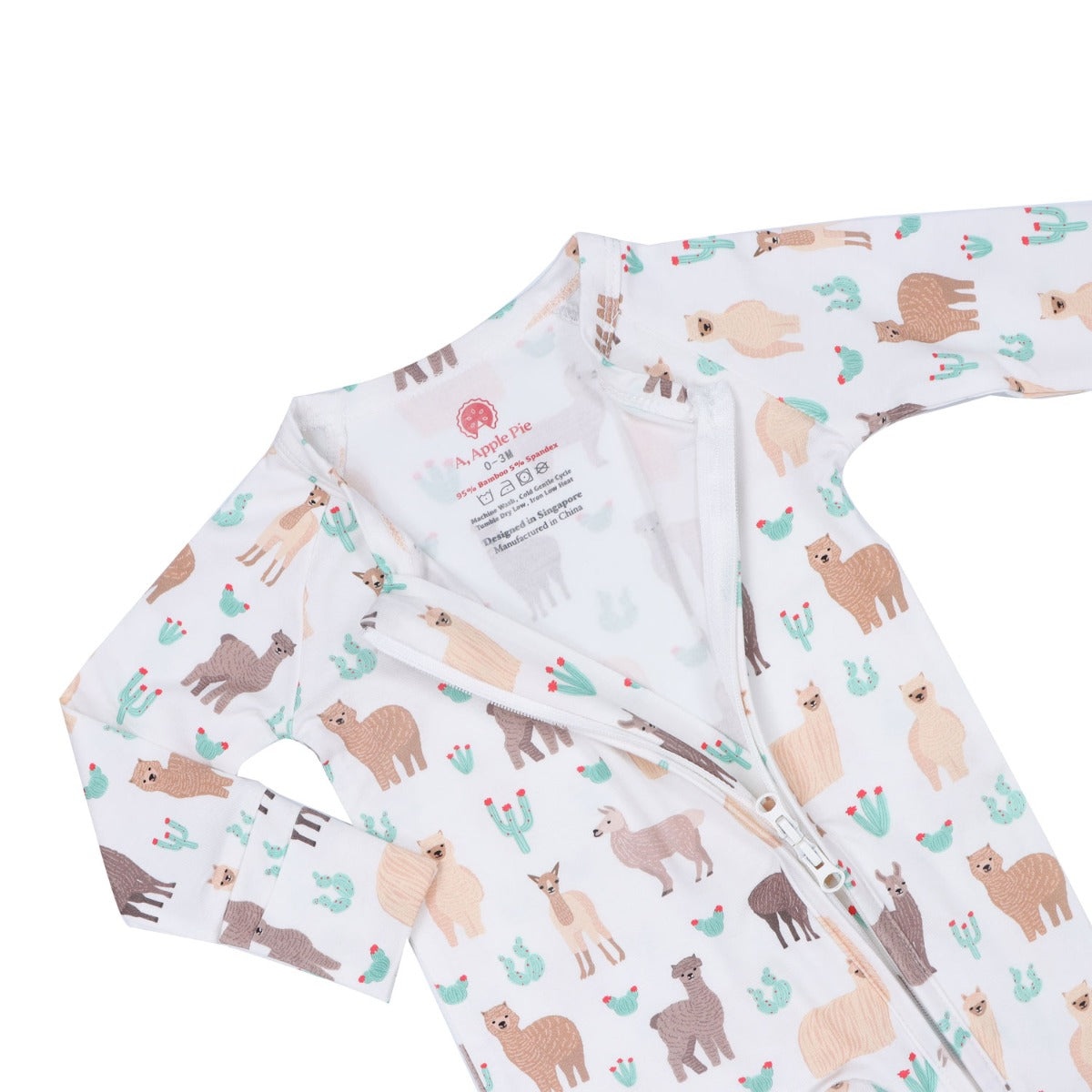 A, Apple Pie Bamboo Baby Zip Long Sleeve Romper - Llamas & Cacti (5 Sizes)