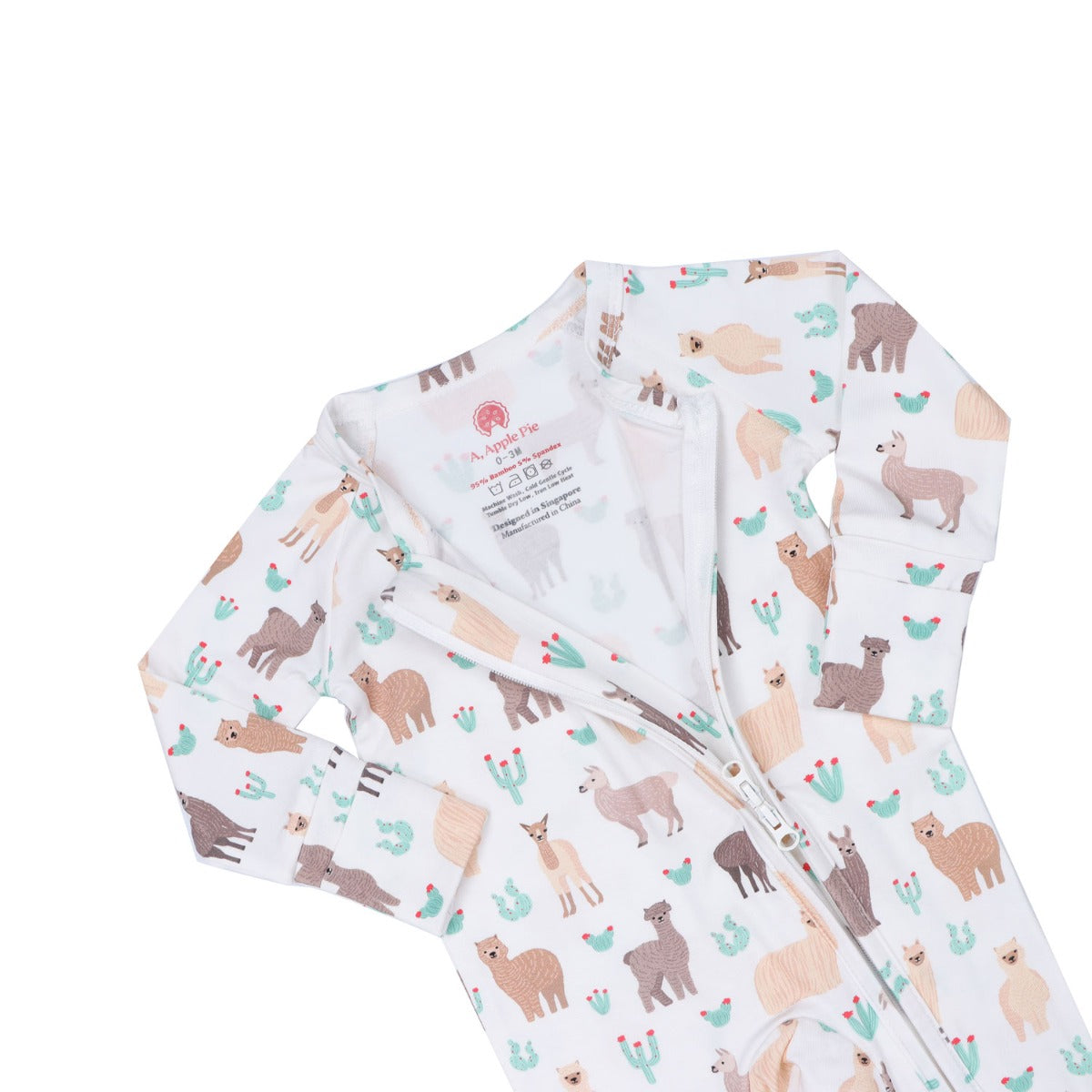 A, Apple Pie Bamboo Baby Zip Long Sleeve Romper - Llamas & Cacti (5 Sizes)
