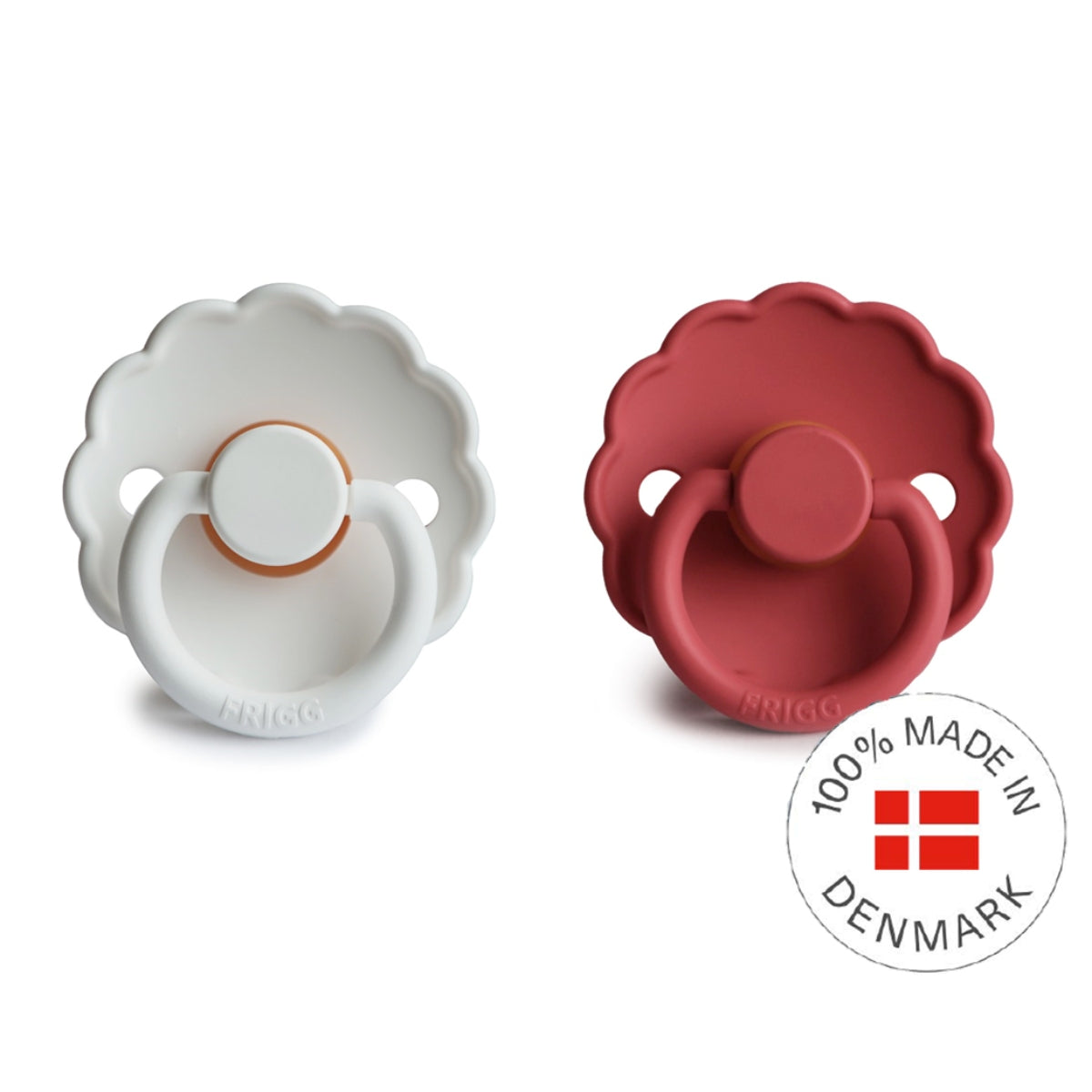 FRIGG Daisy Latex Baby Pacifiers, 2pk [Original] – Bright White/Scarlet (2 Sizes)