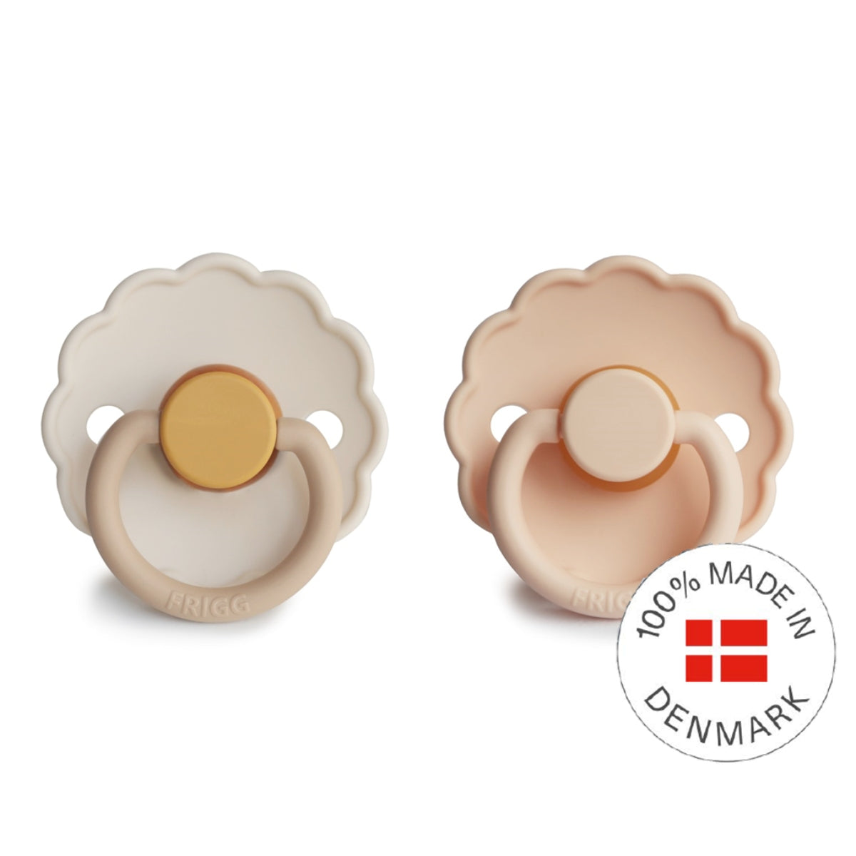 FRIGG Daisy Latex Baby Pacifiers, 2pk [Color Block + Original] – Chamomile/Pink Cream (2 Sizes)