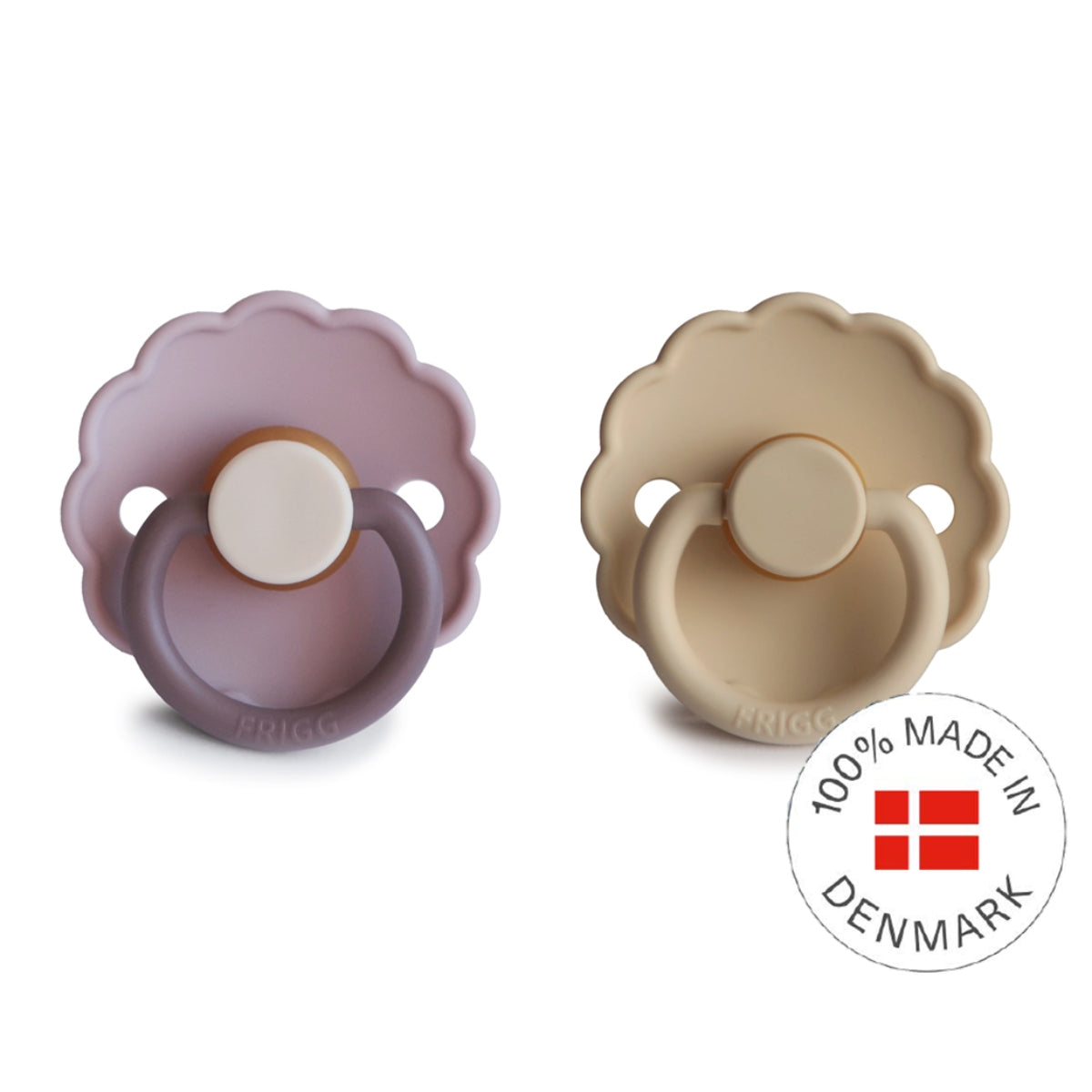 FRIGG Daisy Latex Baby Pacifiers, 2pk [Color Block + Original] – Lavender Haze/Croissant (2 Sizes)