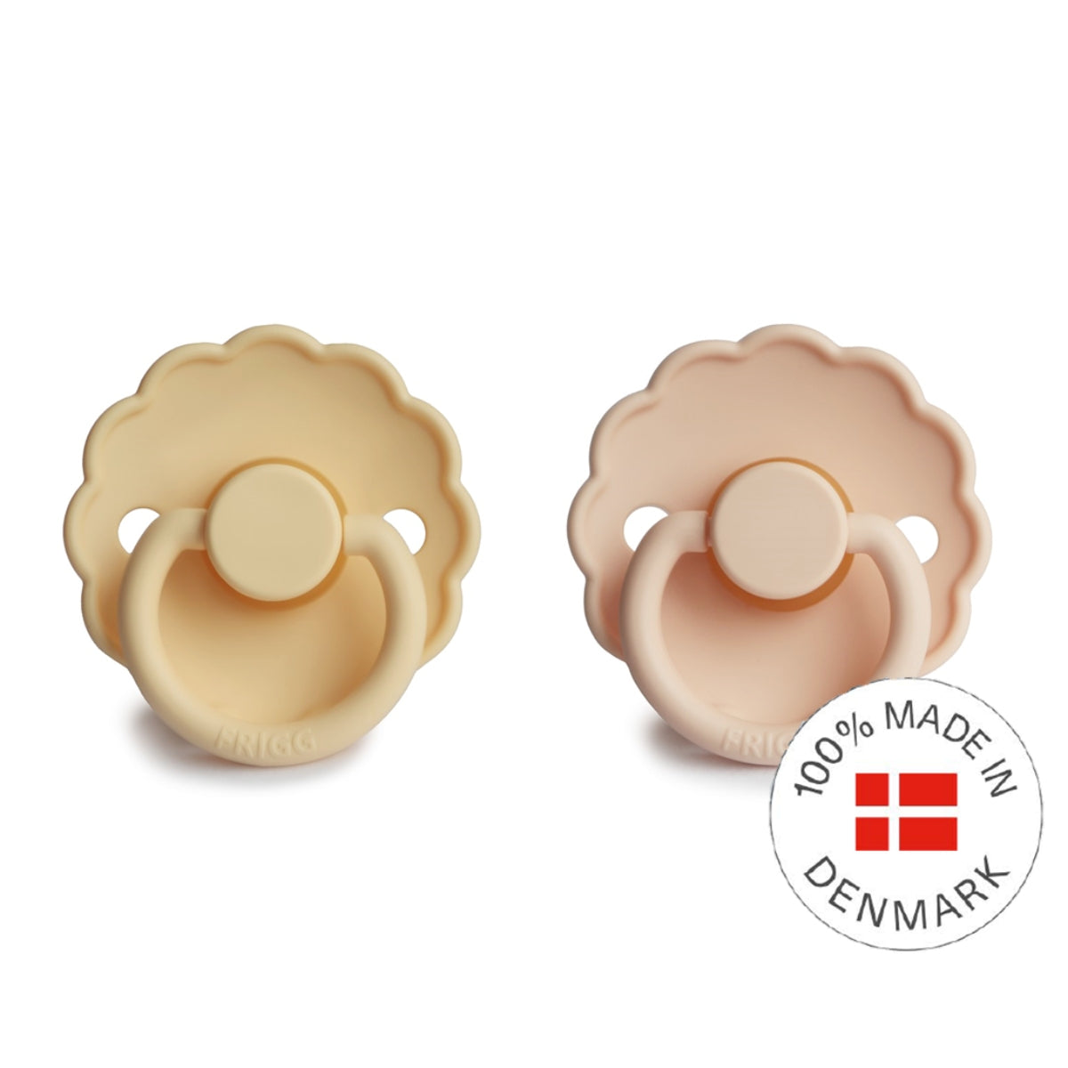 FRIGG Daisy Latex Baby Pacifiers, 2pk [Original] – Pale Daffodil/Pink Cream (2 Sizes)