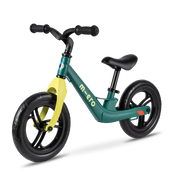 Green and yellow balance bike with 'm-ero' branding on a white background