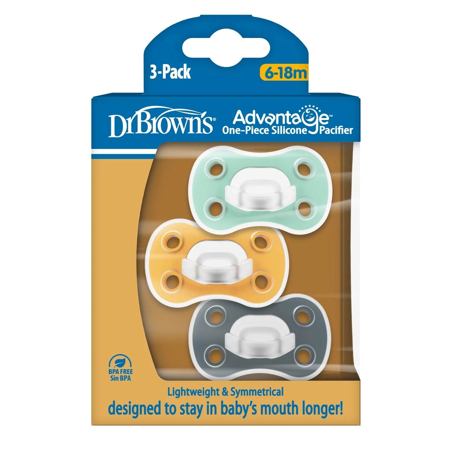Dr. Brown's Advantage One-Piece Silicone Pacifier, 3pk - 2 Sizes (3 Designs)