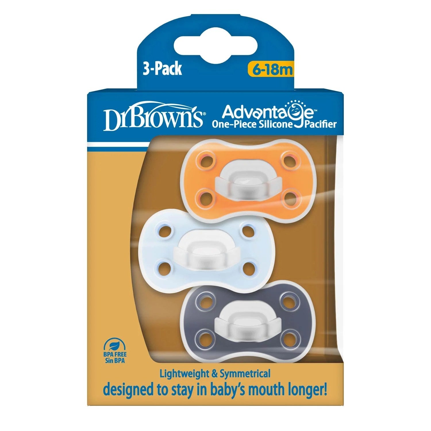 Dr. Brown's Advantage One-Piece Silicone Pacifier, 3pk - 2 Sizes (3 Designs)