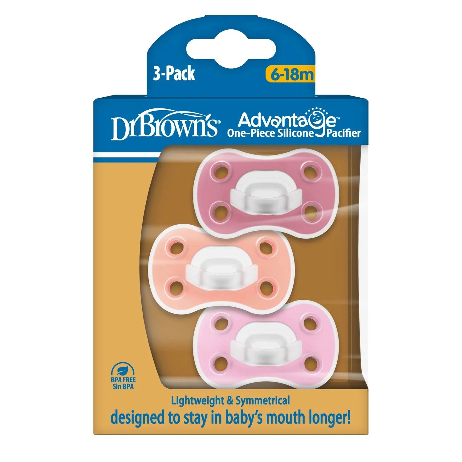 Dr. Brown's Advantage One-Piece Silicone Pacifier, 3pk - 2 Sizes (3 Designs)