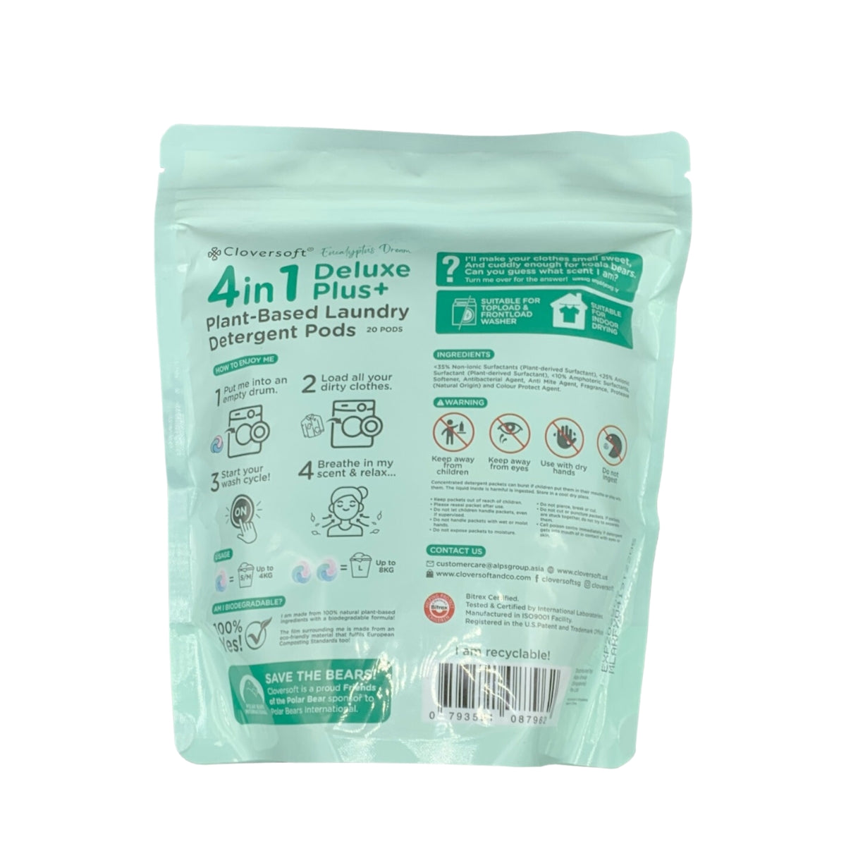 Cloversoft 4-in-1 Deluxe Plus+ Plant-Based Laundry Pods, 20 Pods - Eucalyptus Dream (Exp 06/26)