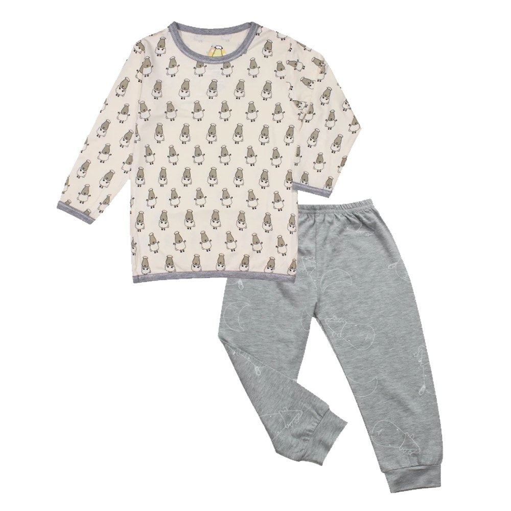 Baa Baa Sheepz Baby Long Sleeve Pyjama Set - Yellow Small Sheep/Big Moon & Sheep Grey