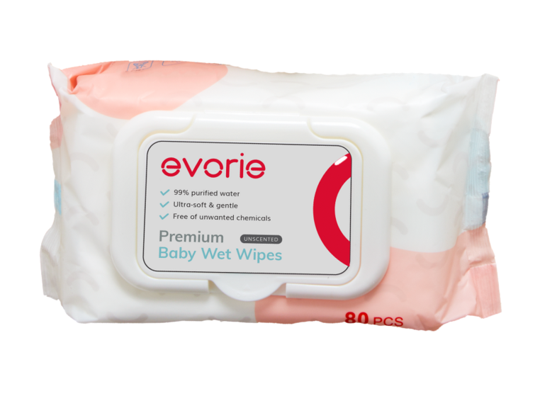 Evorie Premium Baby 99.9% Pure Water Wet Wipes (5 x 80 sheets = 400 sheets) - Exp 06/26