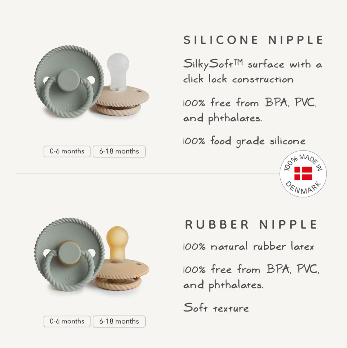 FRIGG Rope Latex Baby Pacifiers, 2pk [Original] – Sage/Powder Blue (2 Sizes)