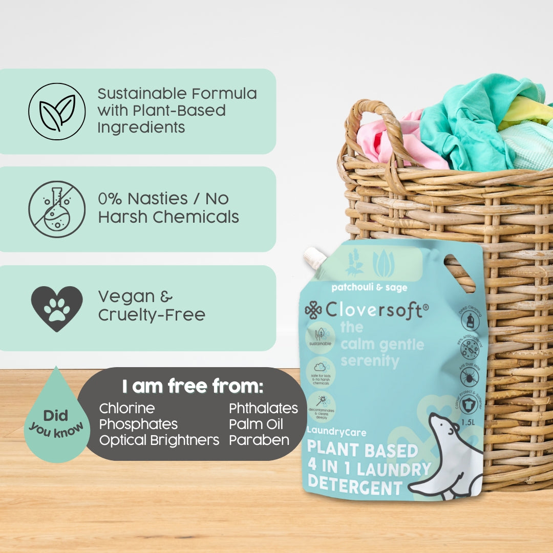 Cloversoft Plant-based 4-in-1 Laundry Detergent, 1.5L Refill Bag - Vetiver & Geranium (Exp 03/28)