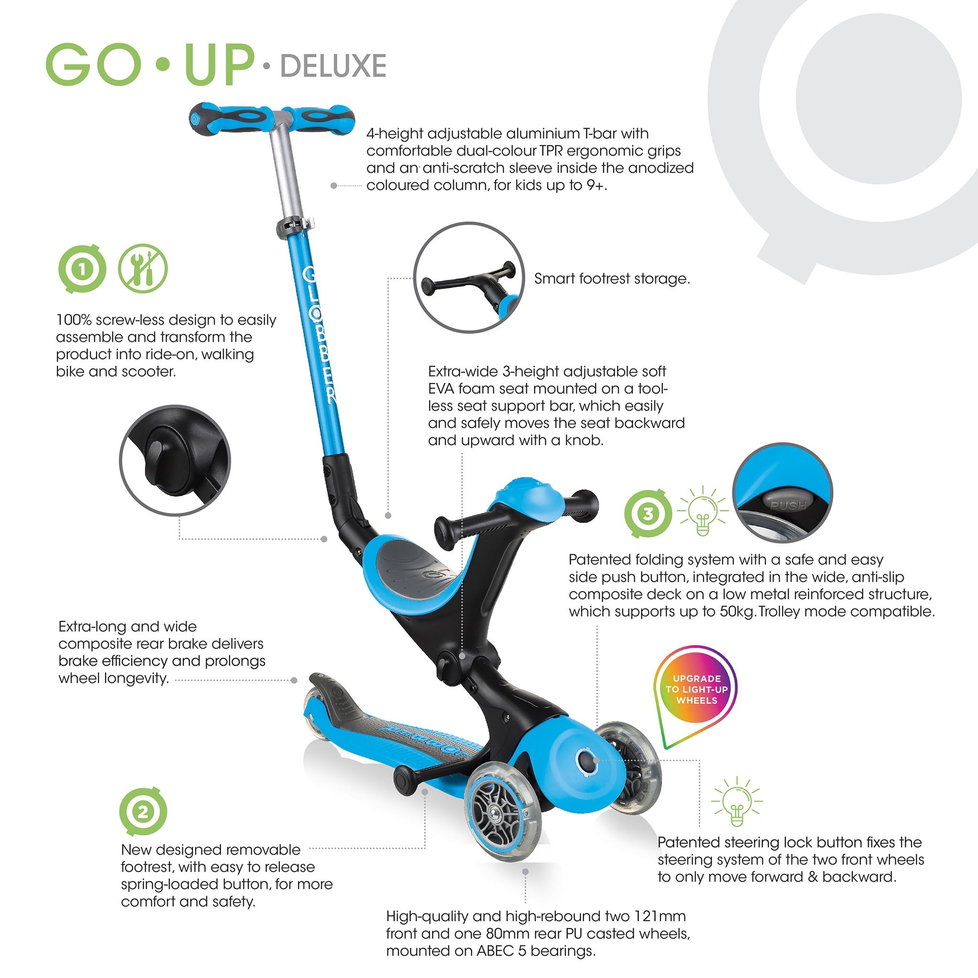 Globber GO•UP Deluxe Convertible Foldable Scooter (LED wheels) - 5 Colours - Pupsik Singapore
