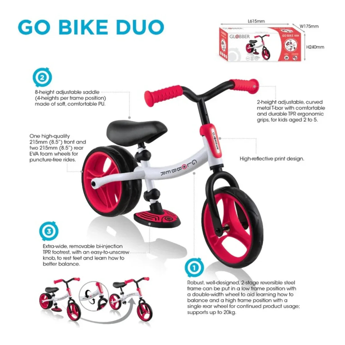 Globber Go Bike Duo Balance Bike - White Red | 2-5Y - Pupsik Singapore