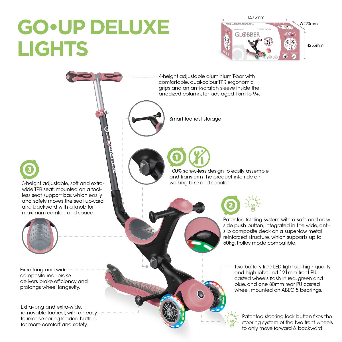 Globber GO•UP Deluxe Convertible Foldable Scooter (LED wheels) - 5 Colours
