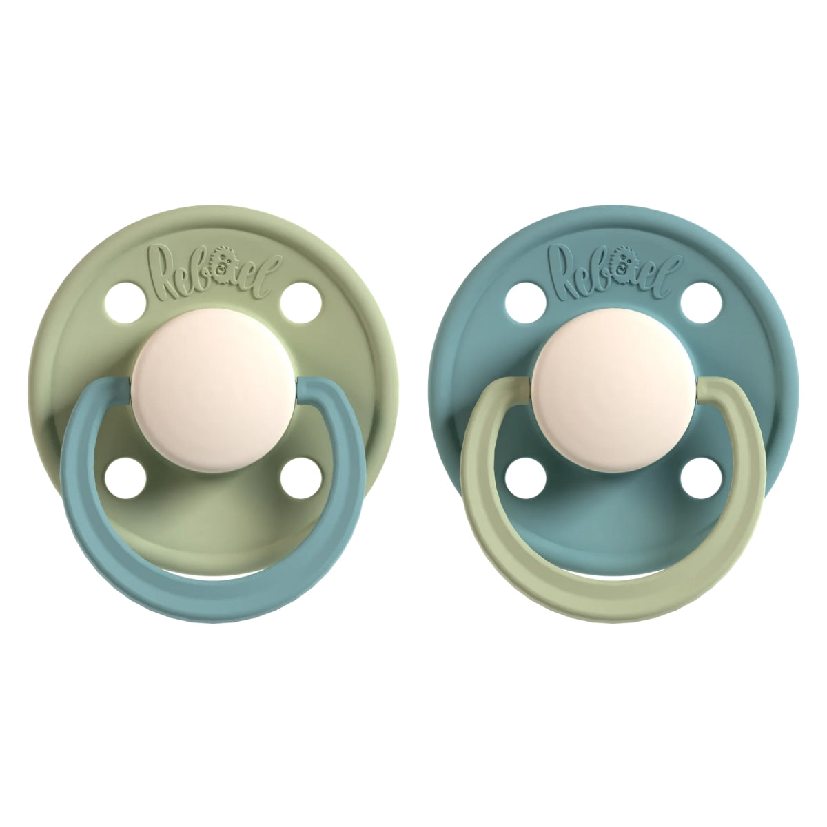 Rabael Duo Natural Rubber Round Pacifiers, 2pk - Cloudy Pearly Snake / Rainy Pearly Dolphin (2 Sizes)