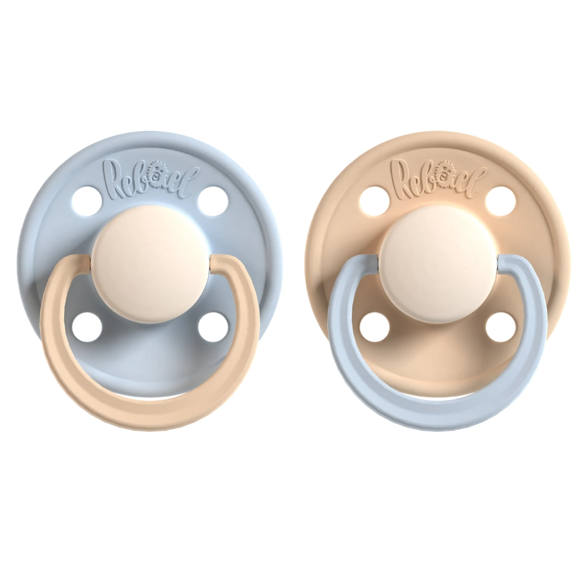 Rabael Duo Natural Rubber Round Pacifiers, 2pk - Cold Pearly Lion / Dusty Pearly Elephant (2 Sizes)