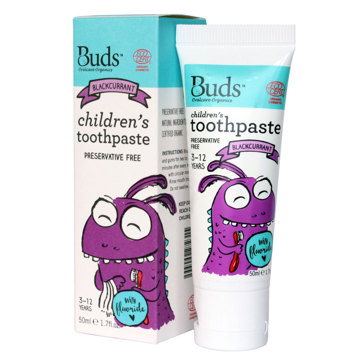 Buds Organics Children's Toothpaste with Flouride - Blackcurrant, 50ml - exp 09/27