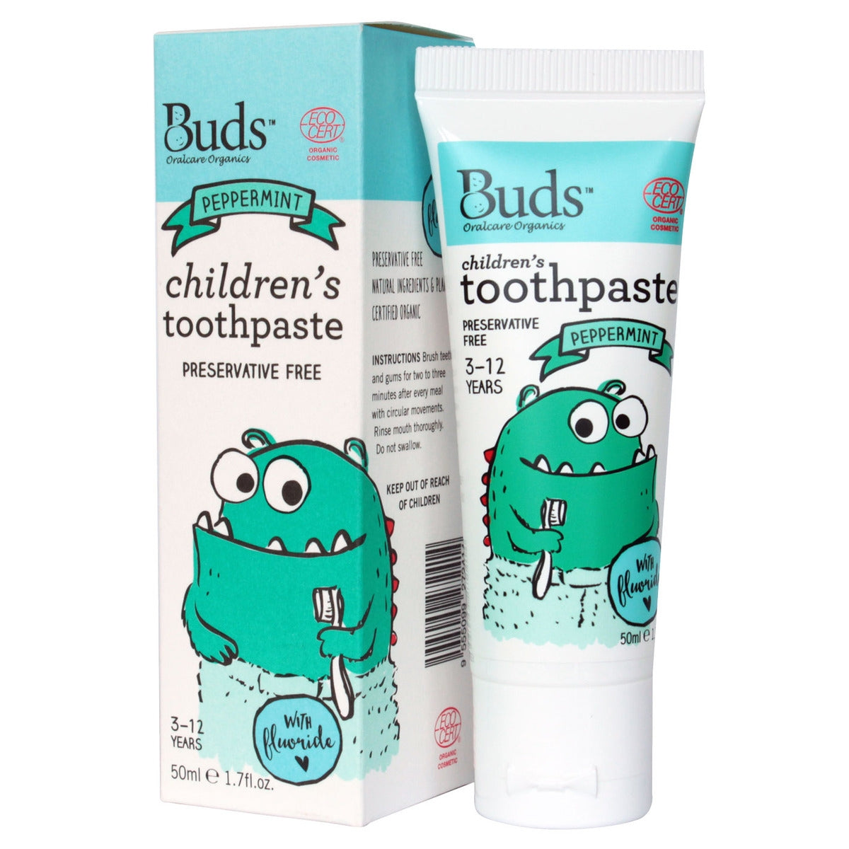 Buds Organics Children's Toothpaste with Flouride - Peppermint, 50ml (exp 12/27)