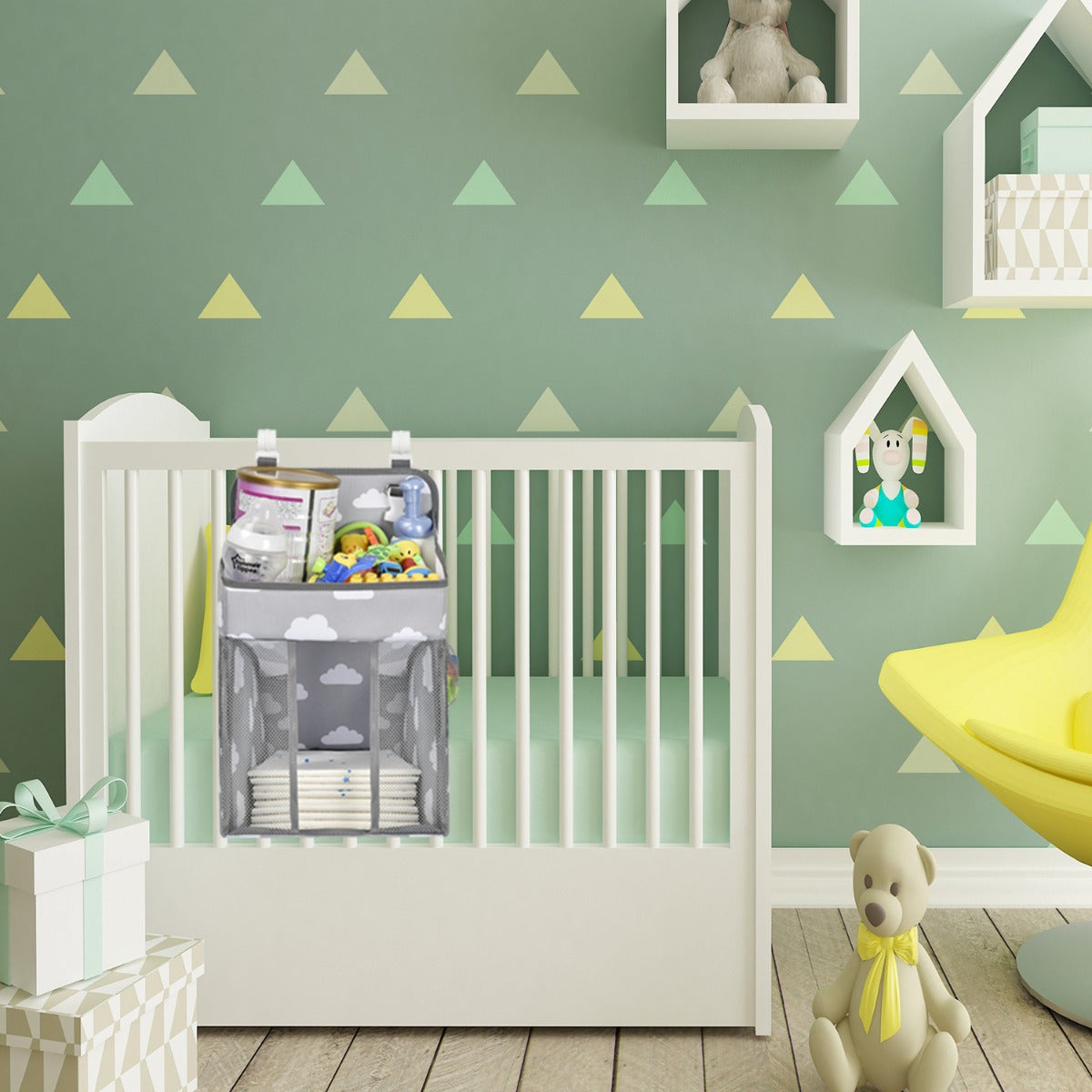 MPJ Baby Crib Organizer, Diaper Caddy - Grey Clouds
