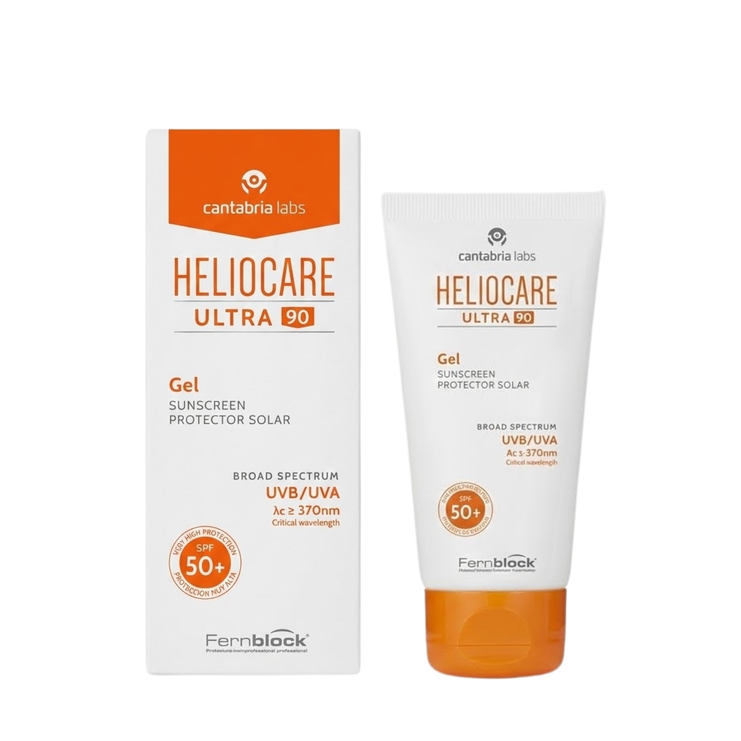 Heliocare Ultra 90 sunscreen gel packaging and tube on a white background