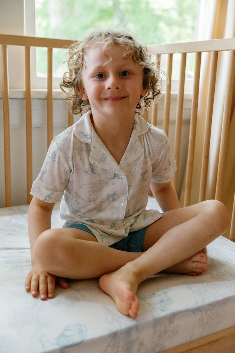 House of Holly Open-Collar Shirt and Shorts Set - Wild Toile Grey/Teal (2 Sizes)