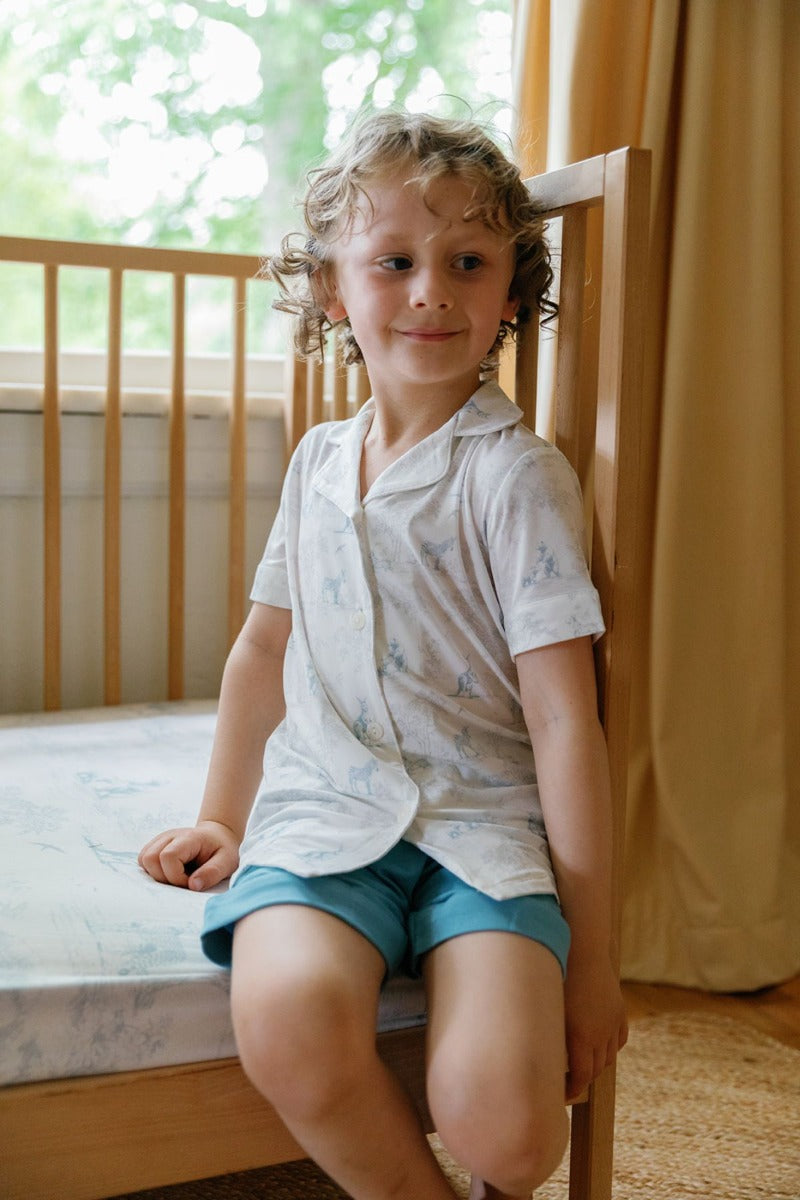 House of Holly Open-Collar Shirt and Shorts Set - Wild Toile Grey/Teal (2 Sizes)