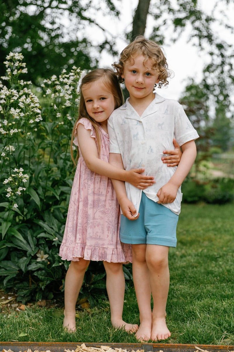 House of Holly Open-Collar Shirt and Shorts Set - Wild Toile Grey/Teal (2 Sizes)
