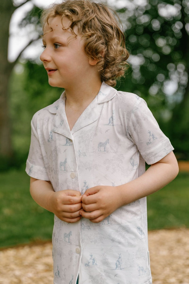 House of Holly Open-Collar Shirt and Shorts Set - Wild Toile Grey/Teal (2 Sizes)