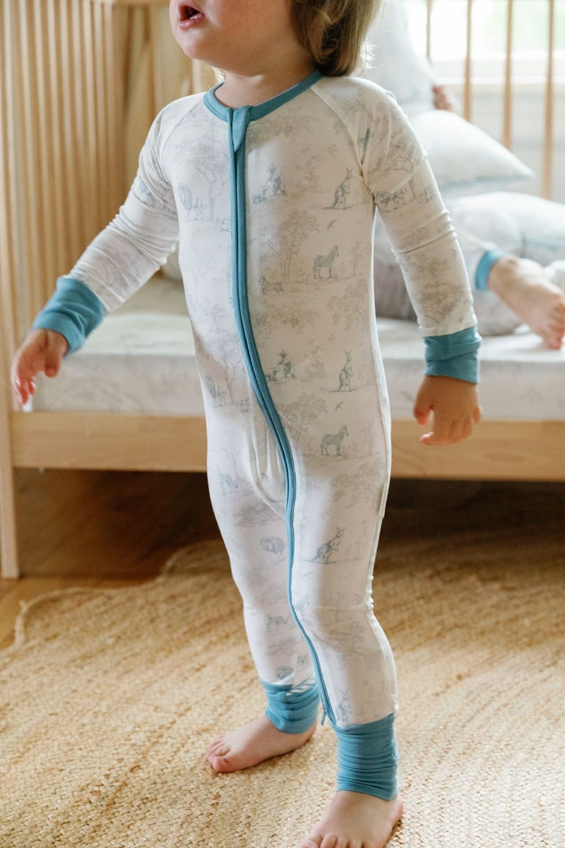 House of Holly Zip Sleepsuit - Wild Toile Grey/Teal (3 Sizes)