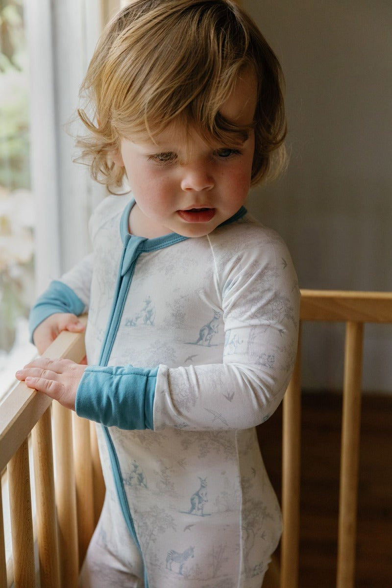 House of Holly Zip Sleepsuit - Wild Toile Grey/Teal (3 Sizes)