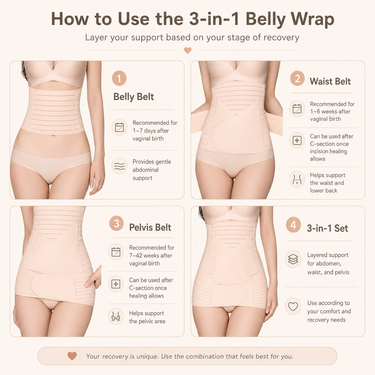 Pupsik 3-in-1 Postpartum Belly Wrap - Nude (3 Sizes)