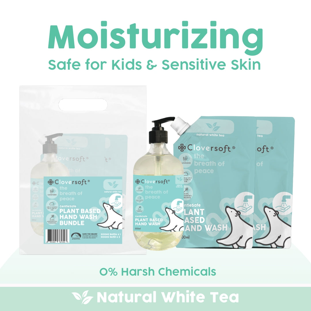 [Bundle] Cloversoft Plant-Based 99.99% Antibacterial Gel Hand Wash 500ml (White Tea) Bundle – 2 Refills + 1 Bottle (Exp 07/27)