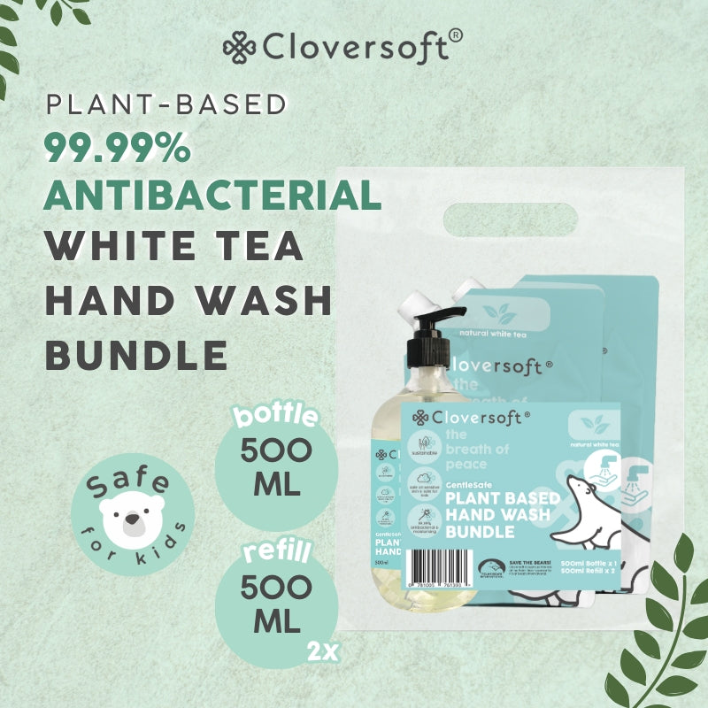 [Bundle] Cloversoft Plant-Based 99.99% Antibacterial Gel Hand Wash 500ml (White Tea) Bundle – 2 Refills + 1 Bottle (Exp 07/27)