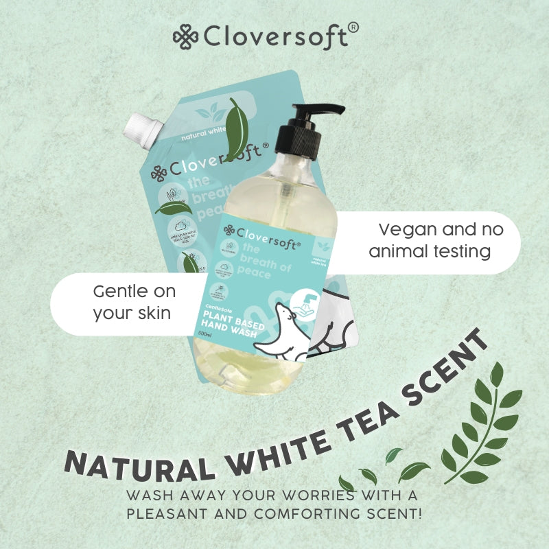 [Bundle] Cloversoft Plant-Based 99.99% Antibacterial Gel Hand Wash 500ml (White Tea) Bundle – 2 Refills + 1 Bottle (Exp 07/27)