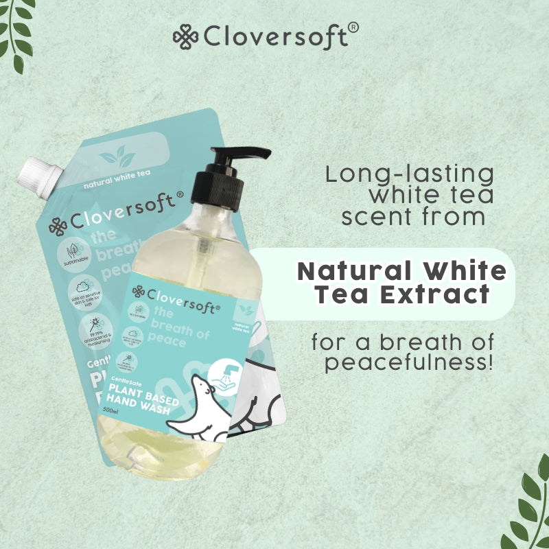 [Bundle] Cloversoft Plant-Based 99.99% Antibacterial Gel Hand Wash 500ml (White Tea) Bundle – 2 Refills + 1 Bottle (Exp 07/27)