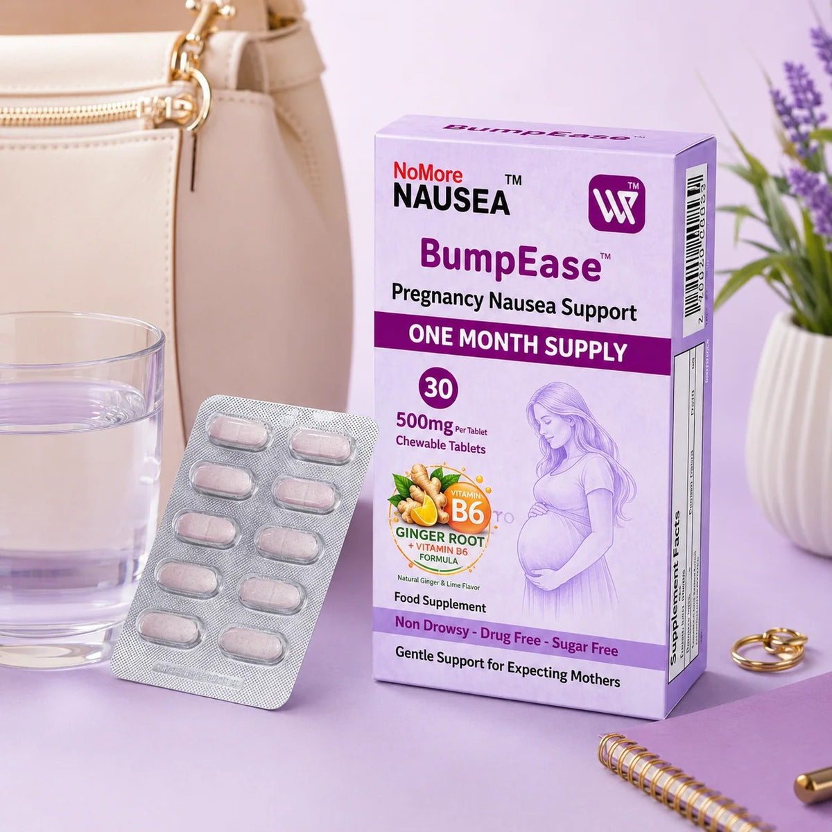 NoMore Nausea BumpEase Pregnancy Nausea Support Chewable Tablets (2 Sizes) - Pupsik Singapore