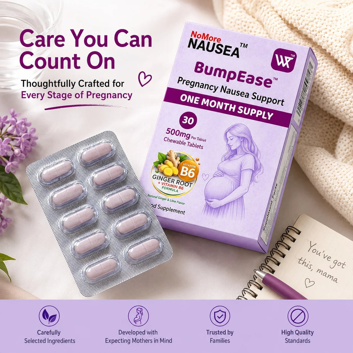 NoMore Nausea BumpEase Pregnancy Nausea Support Chewable Tablets (2 Sizes) - Pupsik Singapore