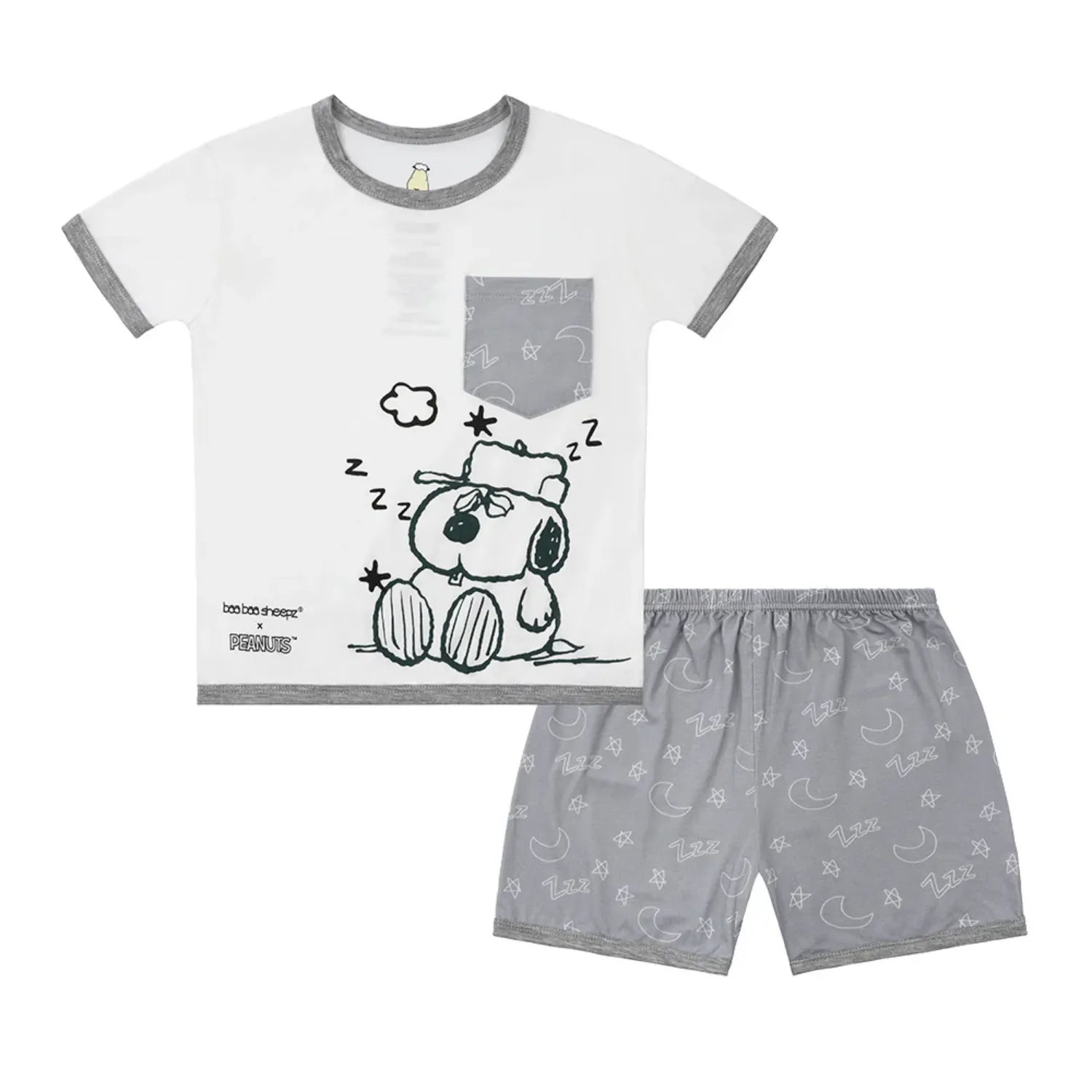 Baa Baa Sheepz Short Sleeve T-Shirt & Shorts - Snoopy S27 Grey (4 Sizes) - Pupsik Singapore