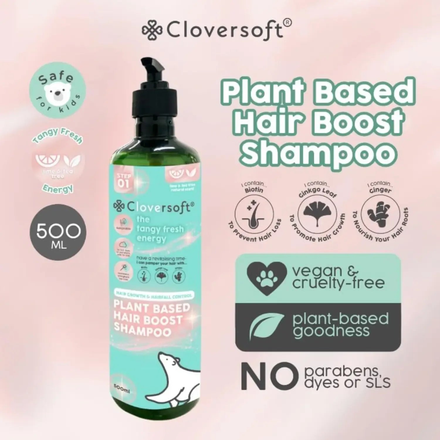 Cloversoft Plant Based Hair Boost Shampoo, 500ml - Lime & Tea Tree (Exp 11/28) - Pupsik Singapore