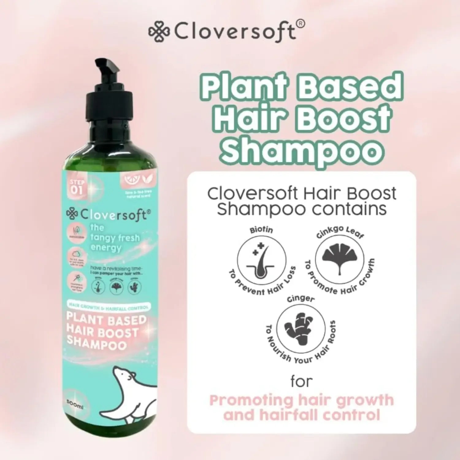 Cloversoft Plant Based Hair Boost Shampoo, 500ml - Lime & Tea Tree (Exp 11/28) - Pupsik Singapore