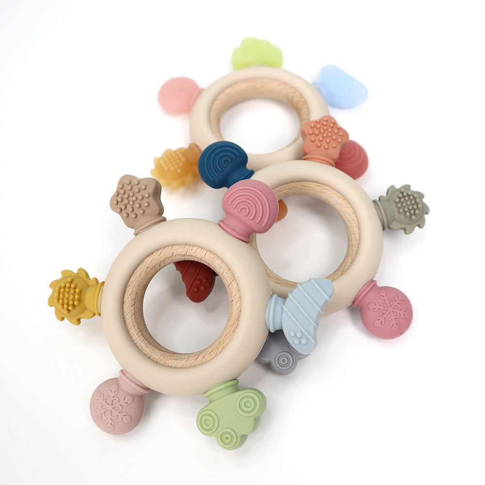 Biomom In The Sky Silicone Wooden Ring Sensory Teether (3 Colors)