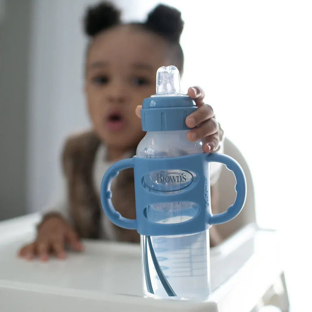 Dr. Brown's Milestones Narrow Sippy Spout Bottle with Silicone Handles, 8 oz/250 mL (7 Colors)