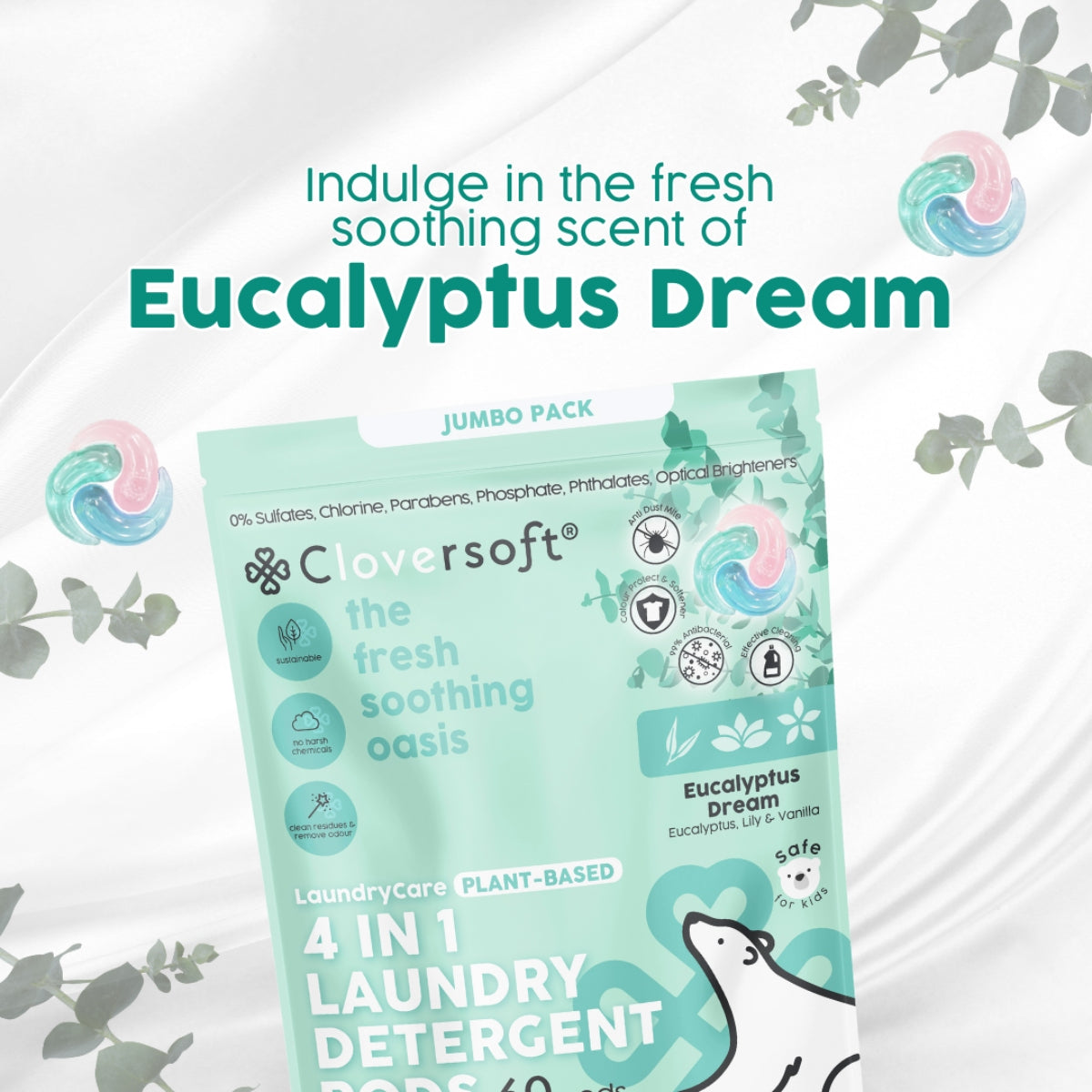 Cloversoft 4-in-1 Deluxe Plus+ Plant-Based Laundry Pods, 60 Pods - Eucalyptus Dream (Exp 08/27)