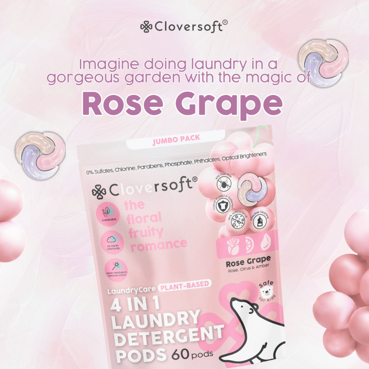 Cloversoft 4-in-1 Anti Dust Mite Supreme Laundry Capsules Jumbo, 60 Pods - Rose Grape (Exp 08/27)