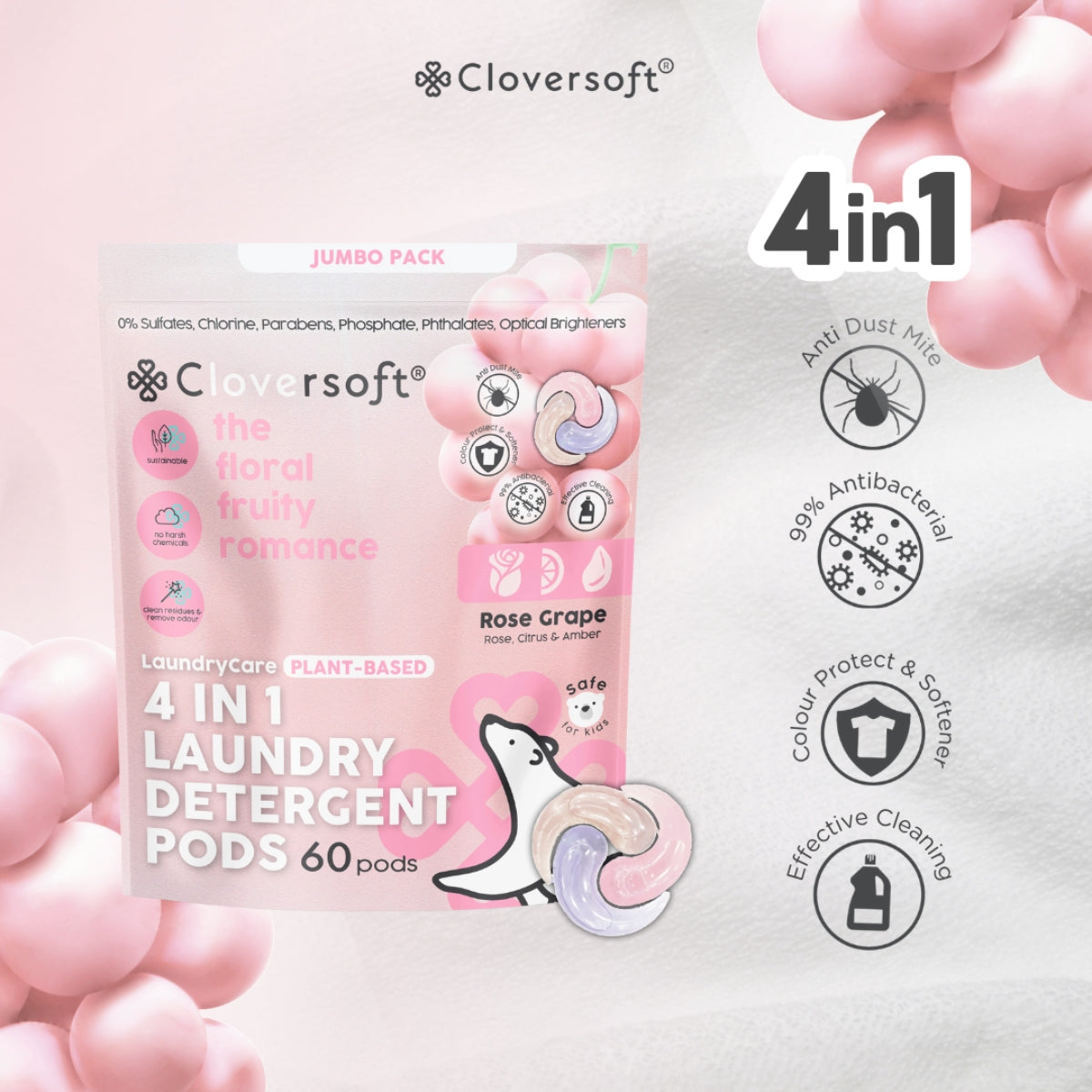 Cloversoft 4-in-1 Anti Dust Mite Supreme Laundry Capsules Jumbo, 60 Pods - Rose Grape (Exp 08/27)
