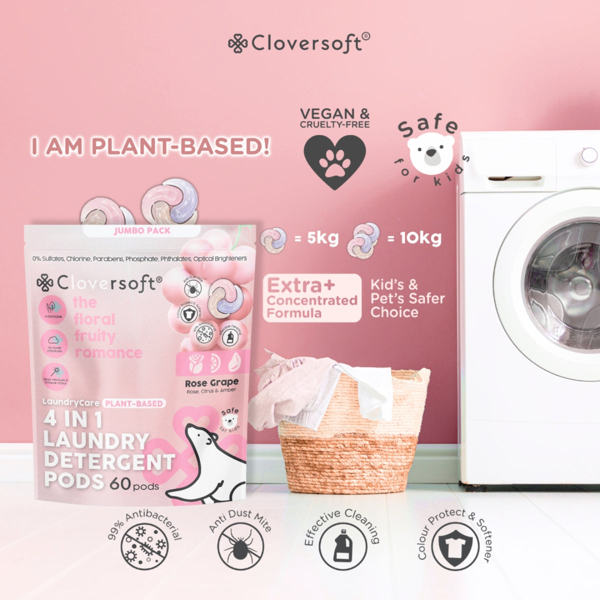 Cloversoft 4-in-1 Anti Dust Mite Supreme Laundry Capsules Jumbo, 60 Pods - Rose Grape (Exp 08/27)